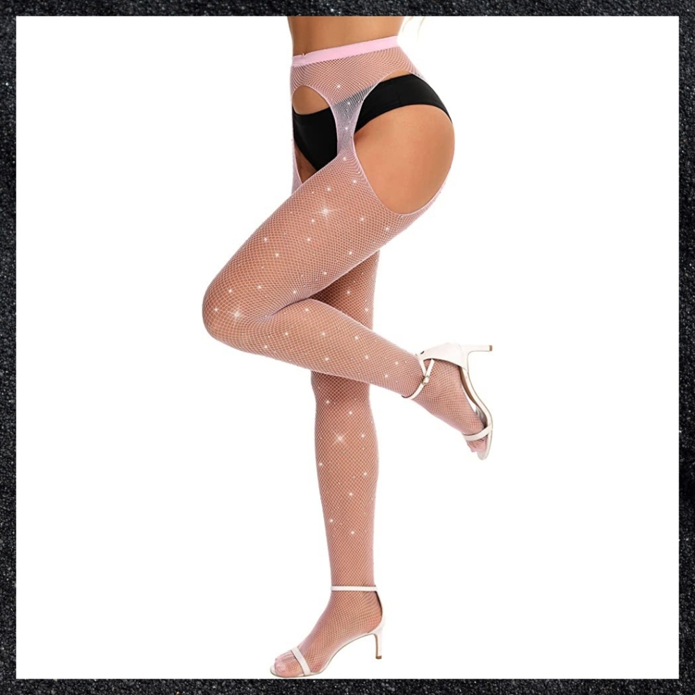 Light Pink Rhinestone Fishnet Crotchless Garter Belt Thigh High Pantyhose